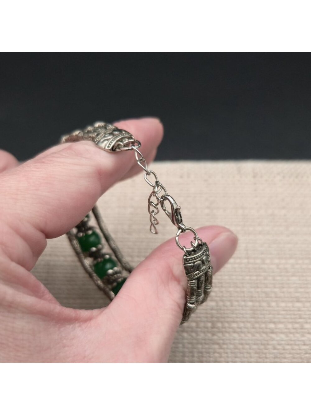 7 Inch Vintage Green Jade Bead Filigree Multi-Strand Cuff Bracelet B1530 - Picture 4 of 6